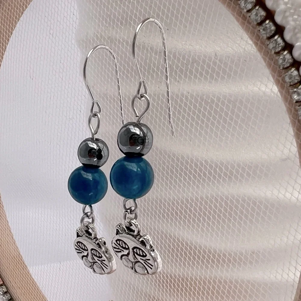 Dangle Earrings Hematite, Blue Jade and Cat Charms
